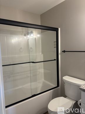 Mount Airy house for rent - A white toilet sits next to a glass shower door in a bathroom.