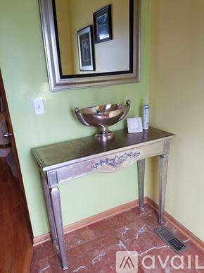Chicago townhouse for rent - A bathroom vanity with a mirror and a bowl sink.