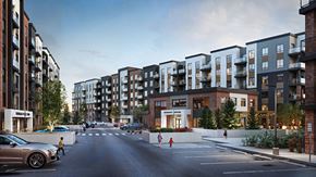 Calgary apartment for rent - Douglas Place exterior rendering with front entrance and modern architecture in Calgary