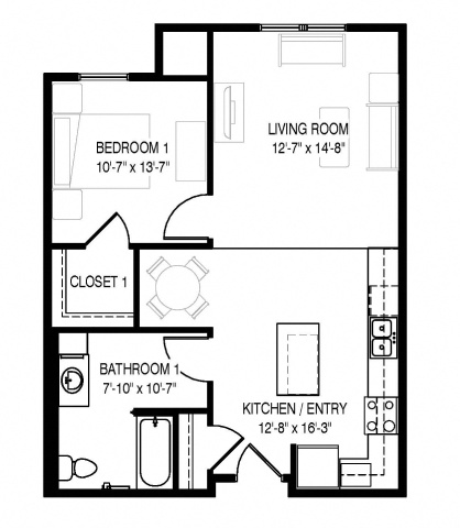 Floor plan for 1 bed, 1 bath, 723 sqft
