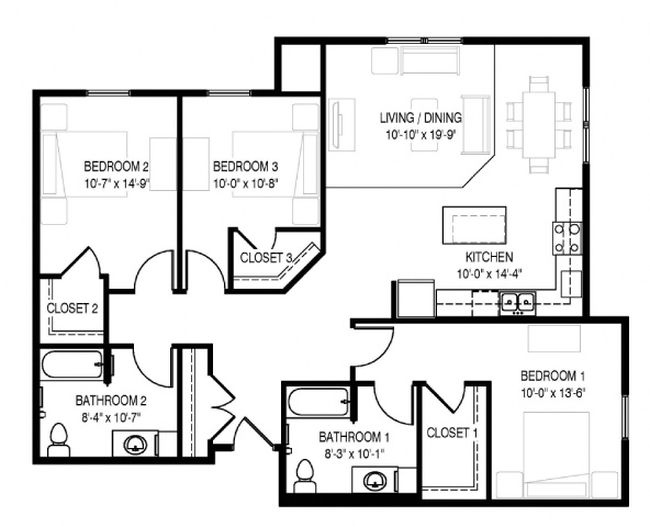 Floor plan for 3 beds, 2 baths, 1390 sqft