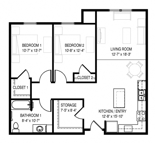 Floor plan for 2 beds, 1 bath, 1032 sqft