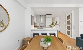 New York apartment for rent - A modern kitchen with a wooden dining table and chairs.