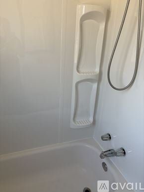 Twin Falls apartment for rent - A bathroom with a shower curtain and a shelf with various toiletries.