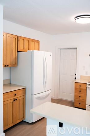 Sanford house for rent - A kitchen with wooden cabinets and a white fridge.