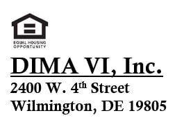 Wilmington apartment for rent - A logo for Equal Housing Opportunity is above the name DIMA VI, Inc. and the address 2400 W. 4th Street Wilmington, DE 19805.