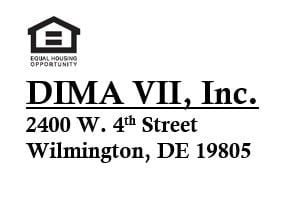 Wilmington apartment for rent - A logo for Equal Housing Opportunity is above the name DIMA VII, Inc. and its address.