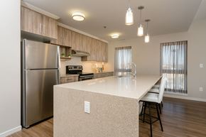 Winnipeg apartment for rent - A kitchen with a stainless steel refrigerator and a white countertop.