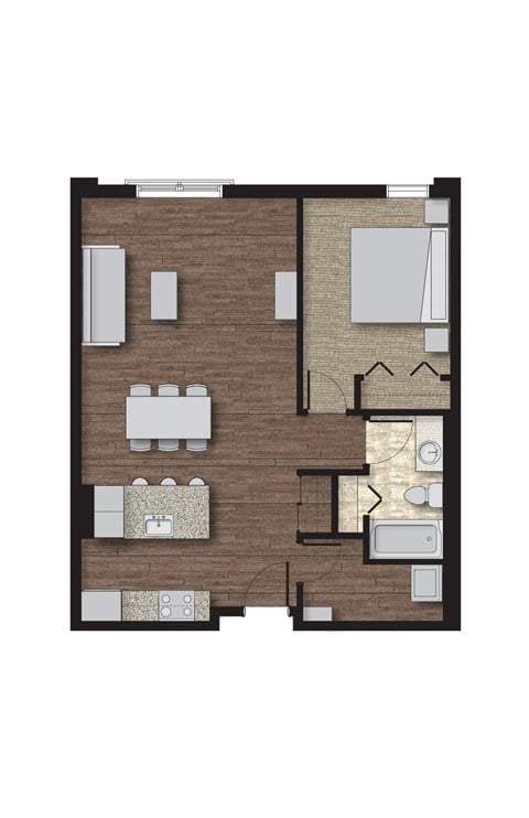 Floor plan for 1 bed, 1 bath, 775 sqft