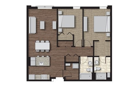 Floor plan for 2 beds, 2 baths, 1022 sqft