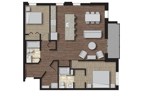 Floor plan for 2 beds, 2 baths, 1087 sqft