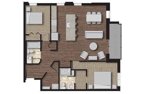 Floor plan for 2 beds, 2 baths, 1087 sqft