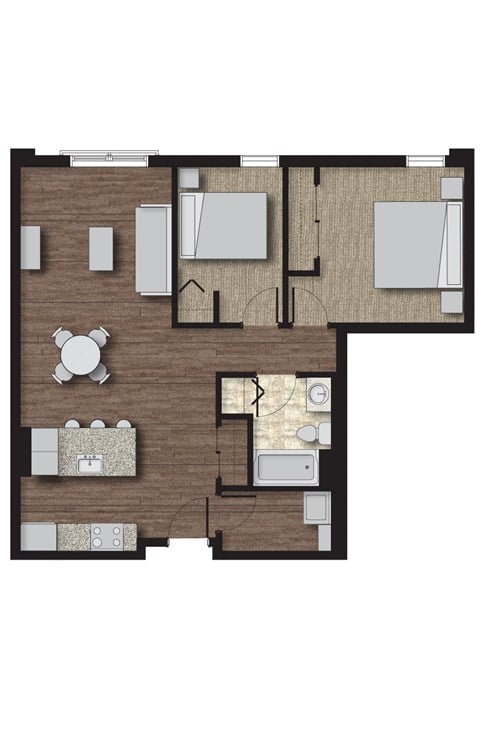 Floor plan for 2 beds, 1 bath, 839 sqft