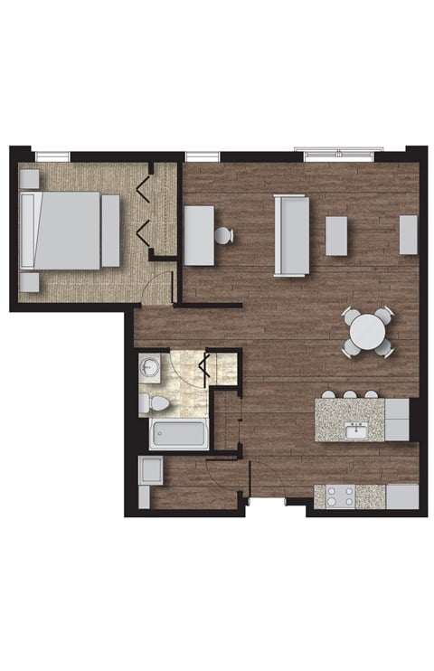 Floor plan for 1 bed, 1 bath, 839 sqft