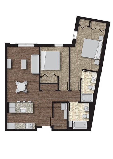 Floor plan for 2 beds, 2 baths, 1054 sqft