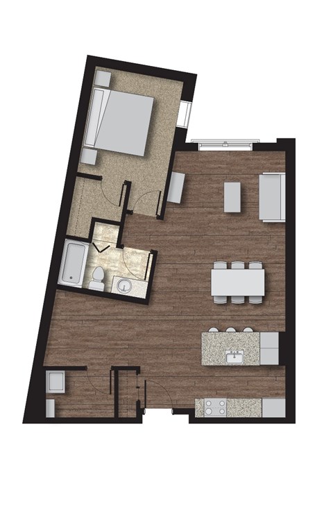 Floor plan for 1 bed, 1 bath, 871 sqft