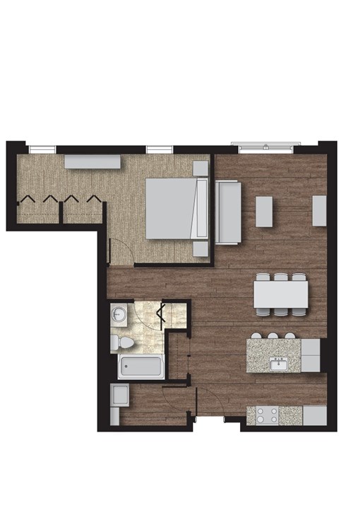 Floor plan for 1 bed, 1 bath, 807 sqft