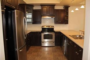 Winnipeg apartment for rent - A kitchen with a black refrigerator and stove.