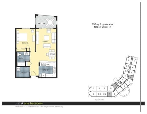 Floor plan for 1 bed, 1 bath, 796 sqft