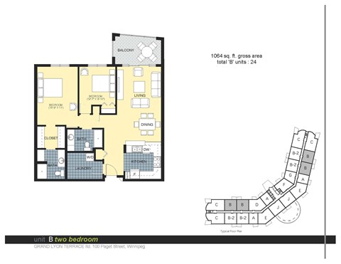 Floor plan for 2 beds, 2 baths, 1064 sqft