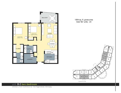 Floor plan for 2 beds, 2 baths, 1064 sqft