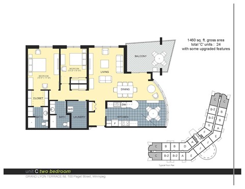 Floor plan for 2 beds, 2 baths, 1460 sqft