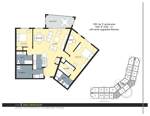 Floor plan for 2 beds, 2 baths, 1391 sqft