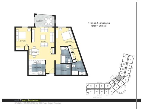 Floor plan for 2 beds, 2 baths, 1159 sqft
