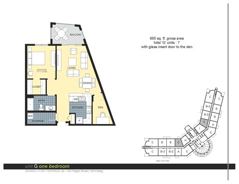 Floor plan for 1 bed, 1 bath, 885 sqft