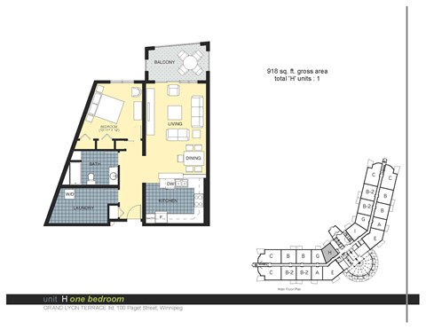 Floor plan for 1 bed, 1 bath, 918 sqft