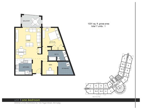 Floor plan for 1 bed, 1 bath, 1031 sqft
