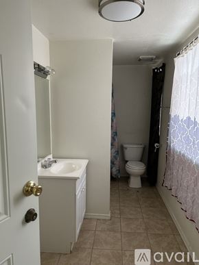 Twin Falls apartment for rent - A bathroom with a toilet, sink, and shower curtain.
