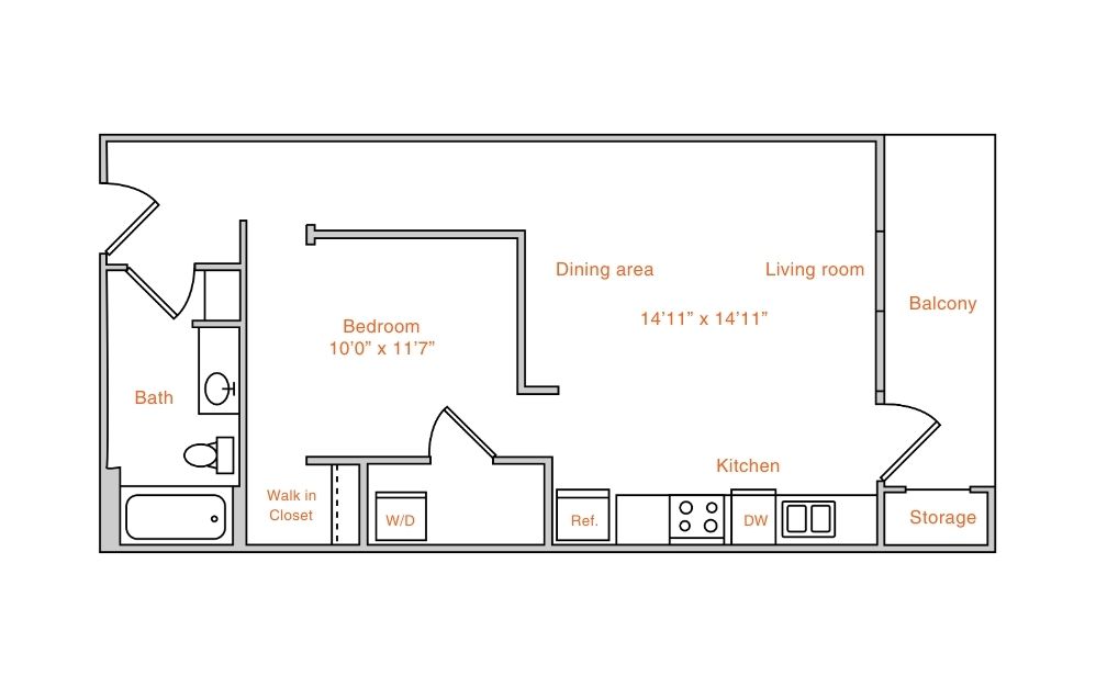 Floor plan for 1 bed, 1 bath, 720 sqft
