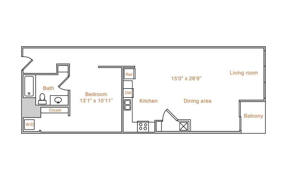 Floor plan for 1 bed, 1 bath, 972 sqft