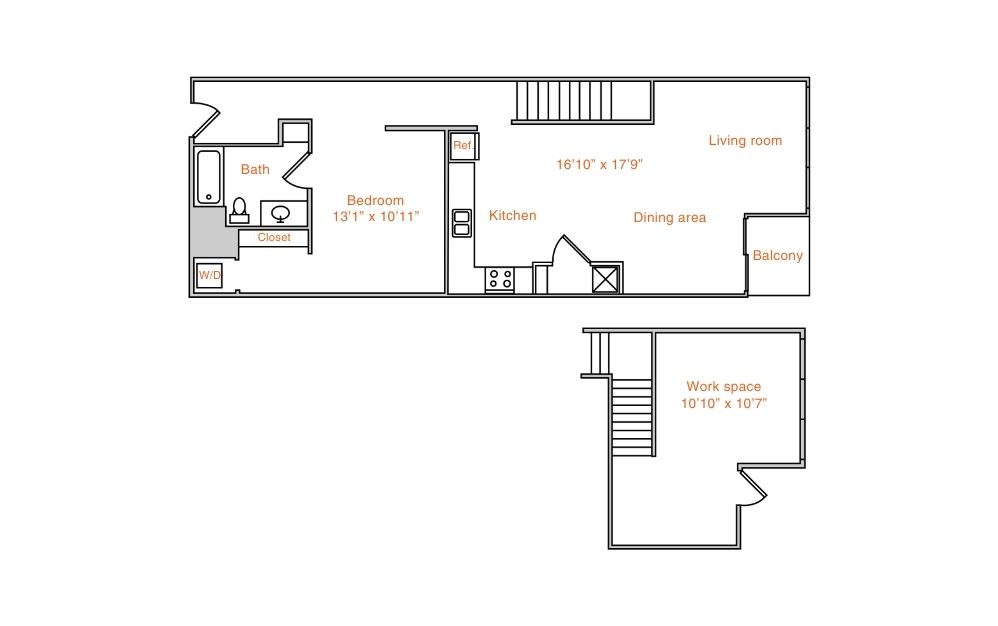 Floor plan for 1 bed, 1 bath, 1278 sqft