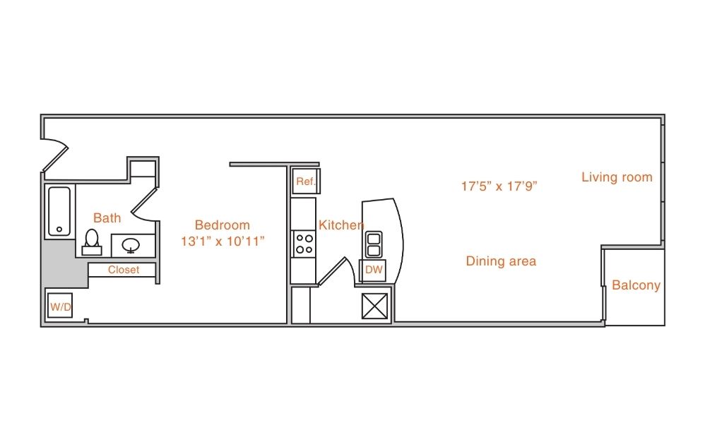 Floor plan for 1 bed, 1 bath, 972 sqft