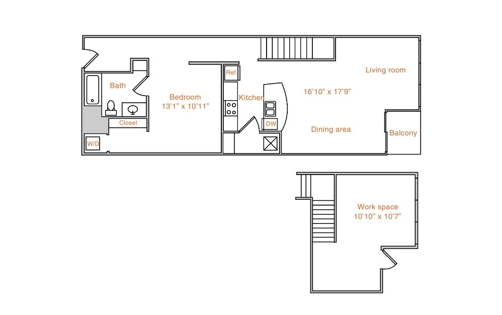 Floor plan for 1 bed, 1 bath, 1278 sqft