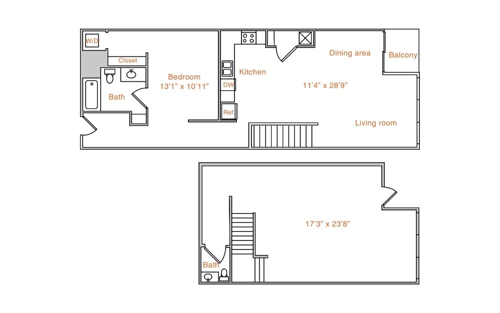 Floor plan for 1 bed, 1.5 baths, 1404 sqft
