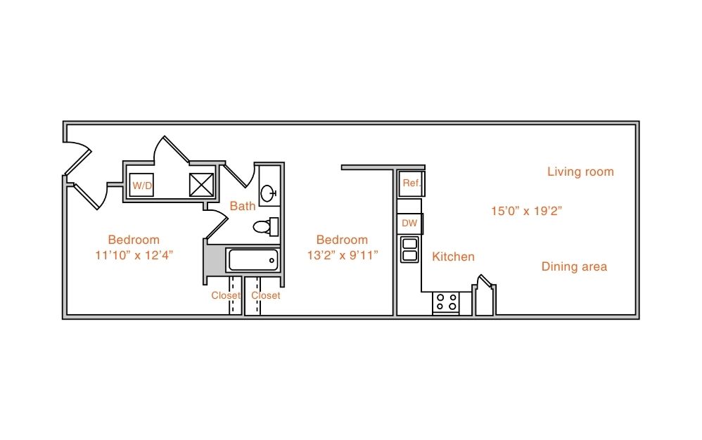 Floor plan for 2 beds, 1 bath, 972 sqft
