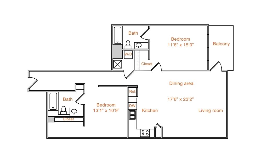 Floor plan for 2 beds, 2 baths, 1367 sqft