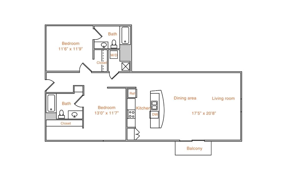 Floor plan for 2 beds, 2 baths, 1218 sqft