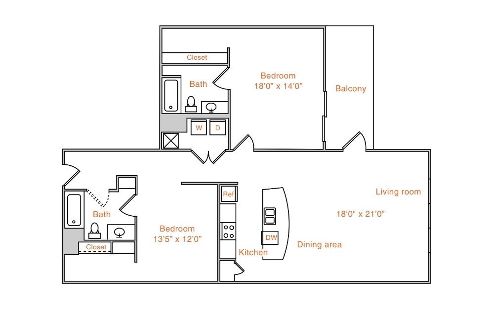 Floor plan for 2 beds, 2 baths, 1523 sqft
