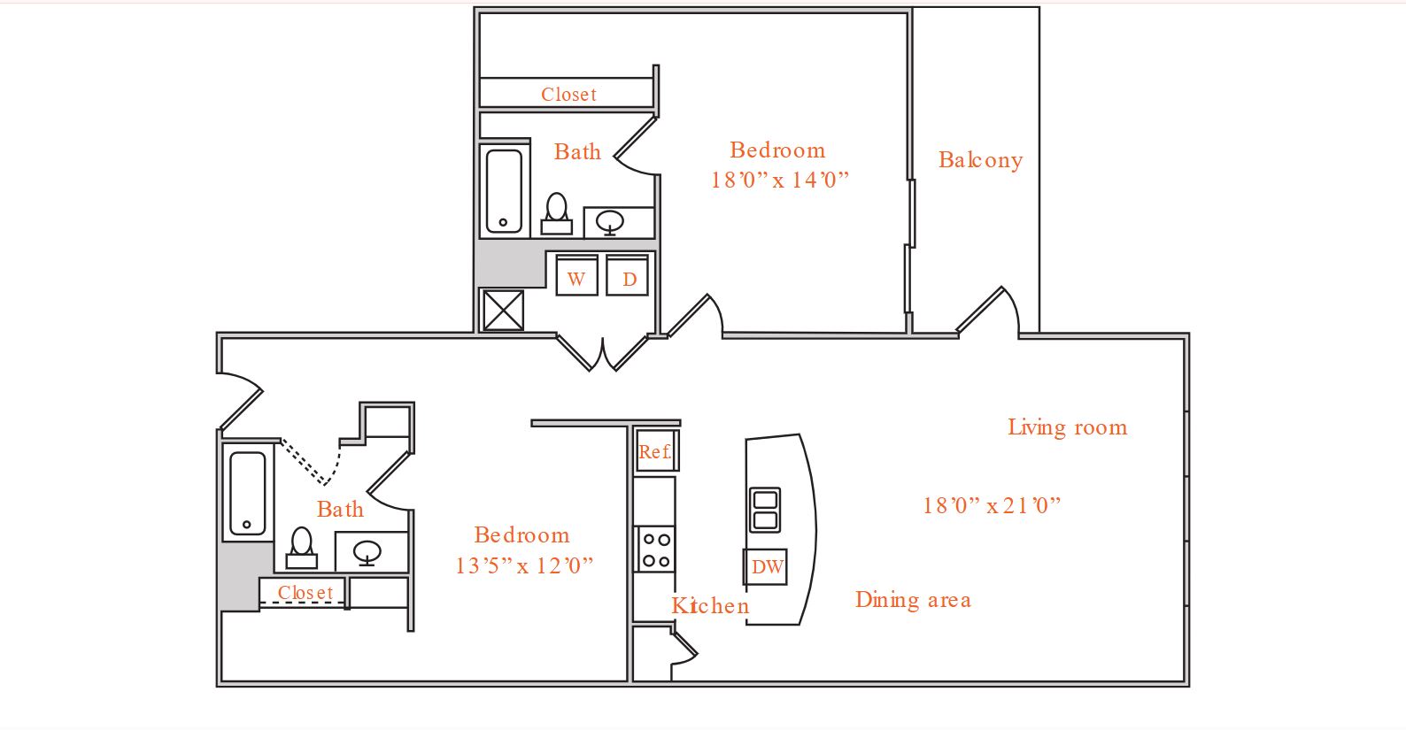 Floor plan for 2 beds, 2 baths, 1523 sqft