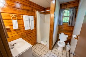Buchanan house for rent - A bathroom with a wooden wall and white fixtures.