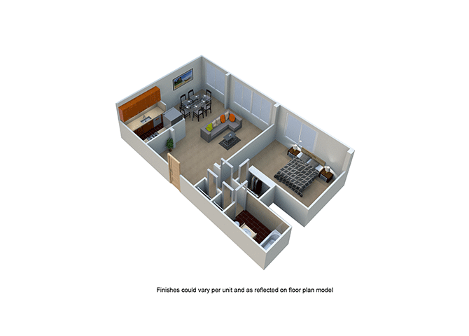 Floor plan for 1 bed, 1 bath, 952 sqft