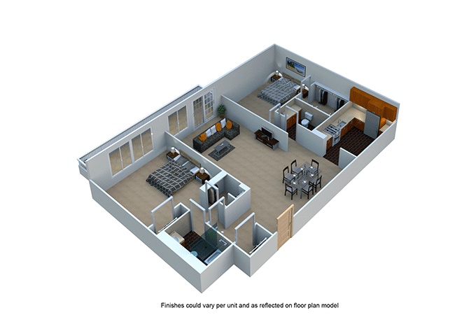 Floor plan for 2 beds, 2 baths, 1350 sqft