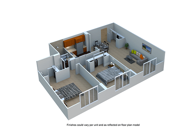 Floor plan for 2 beds, 1 bath, 1075 sqft