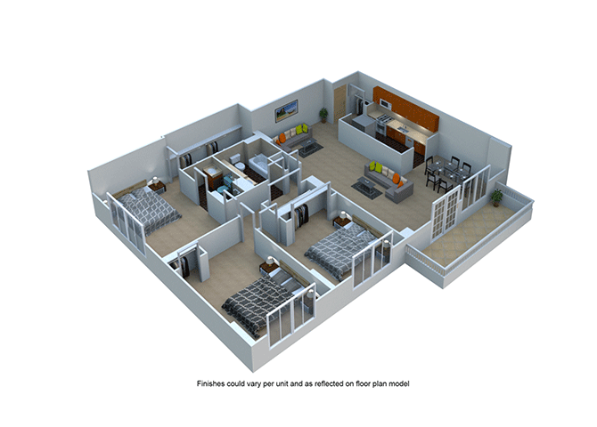 Floor plan for 3 beds, 2 baths, 1500 sqft