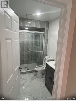 St. Catharines (E. Chester) house for rent - A bathroom with a glass shower door and a toilet.