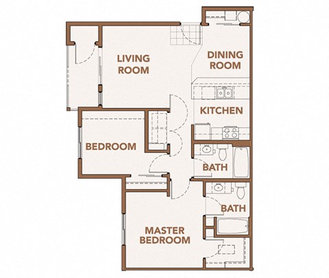 Floor plan for 2 beds, 2 baths, 932 sqft